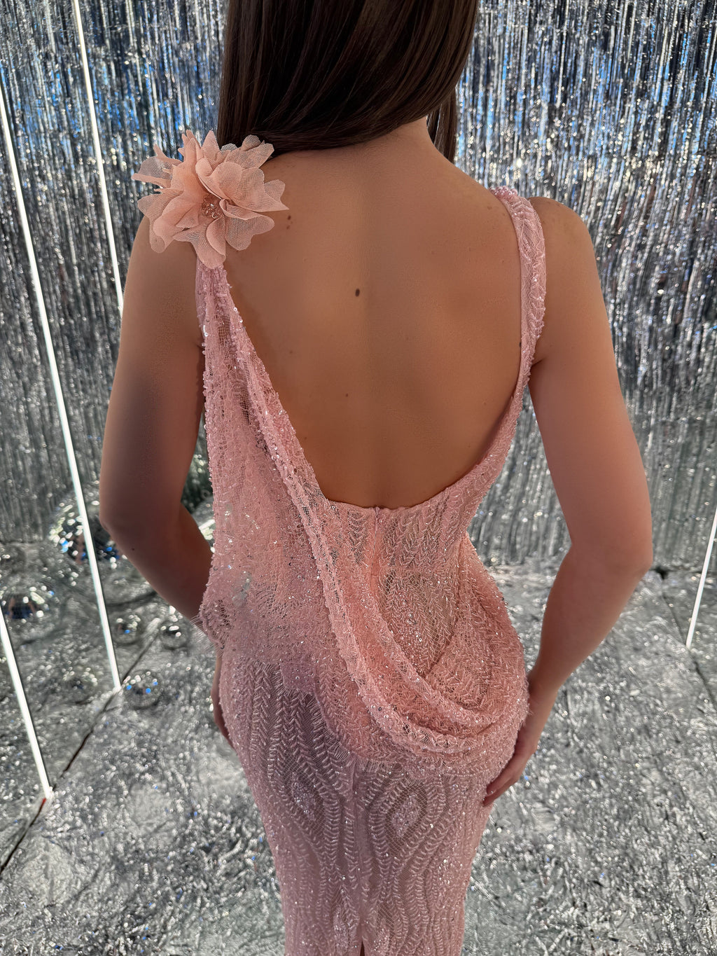 Alona - Pink Sequined Back Drape Gown