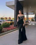 Black Strapless Dress with Leaf Embroidered Details