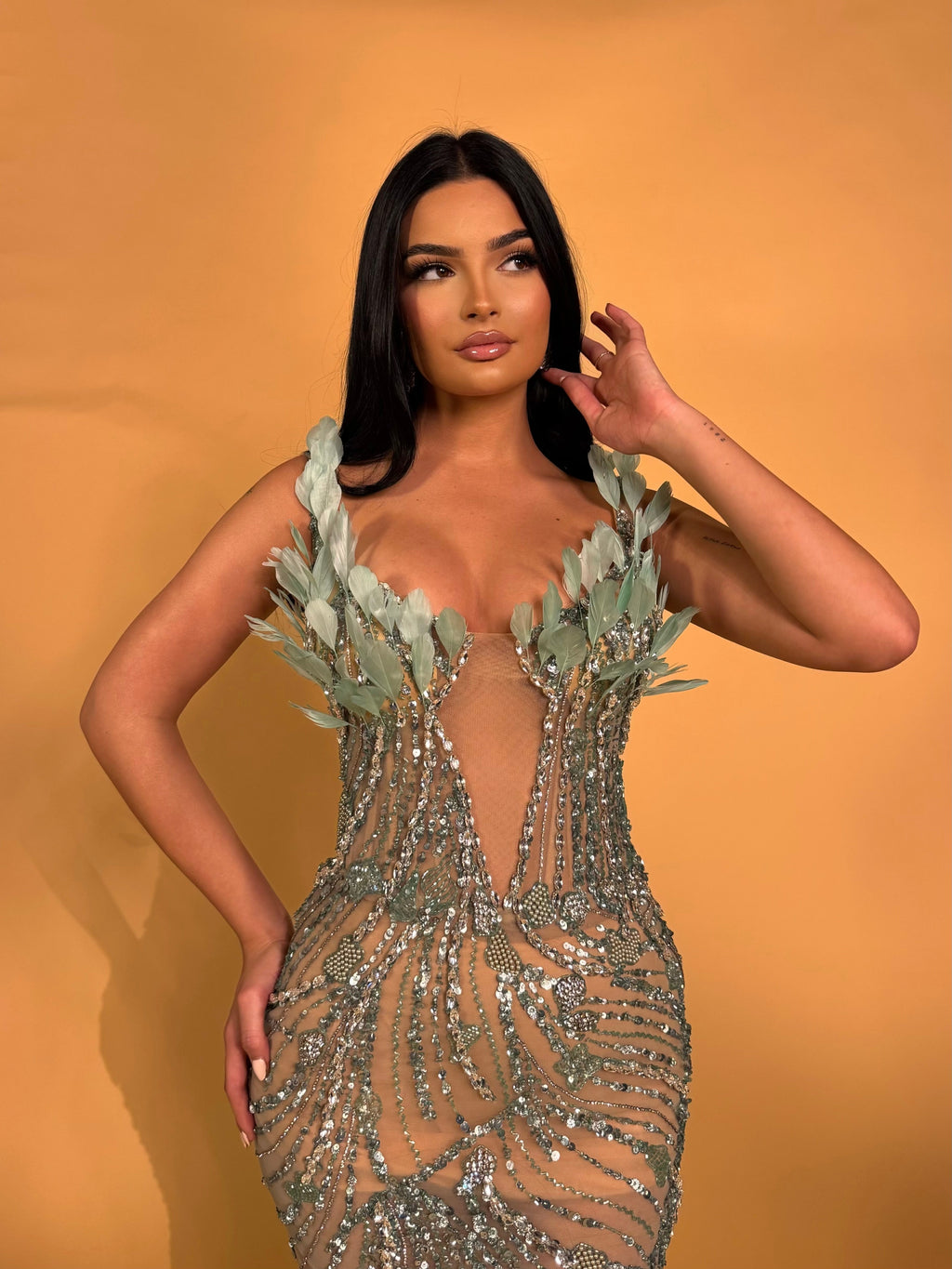 Mermaid Gown with Plunging Neckline and Leaf Detail