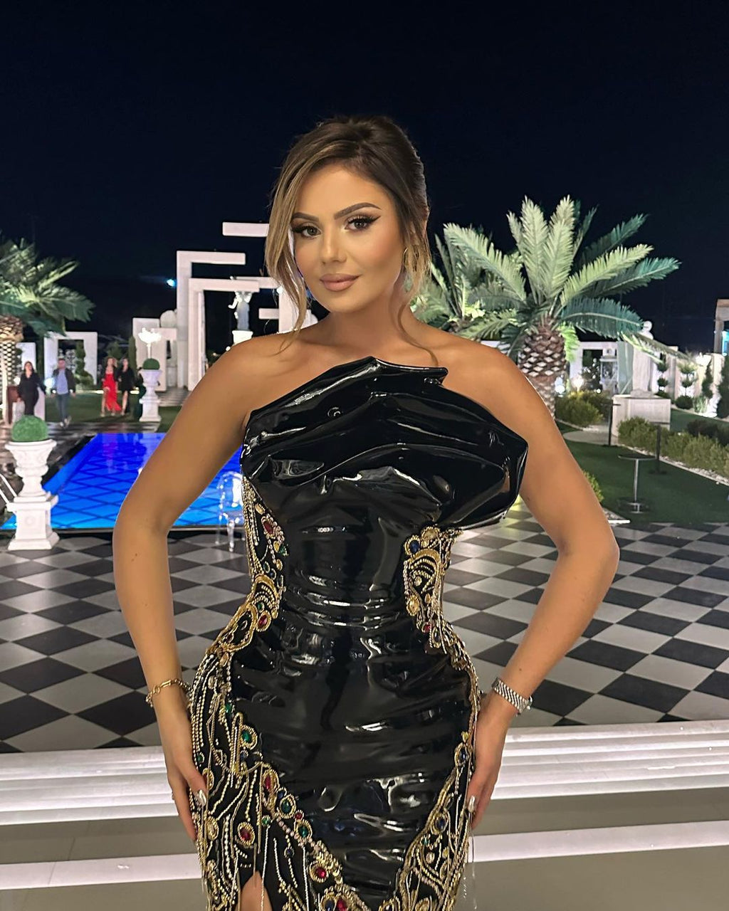 Black Embellished Dress with Latex Corset