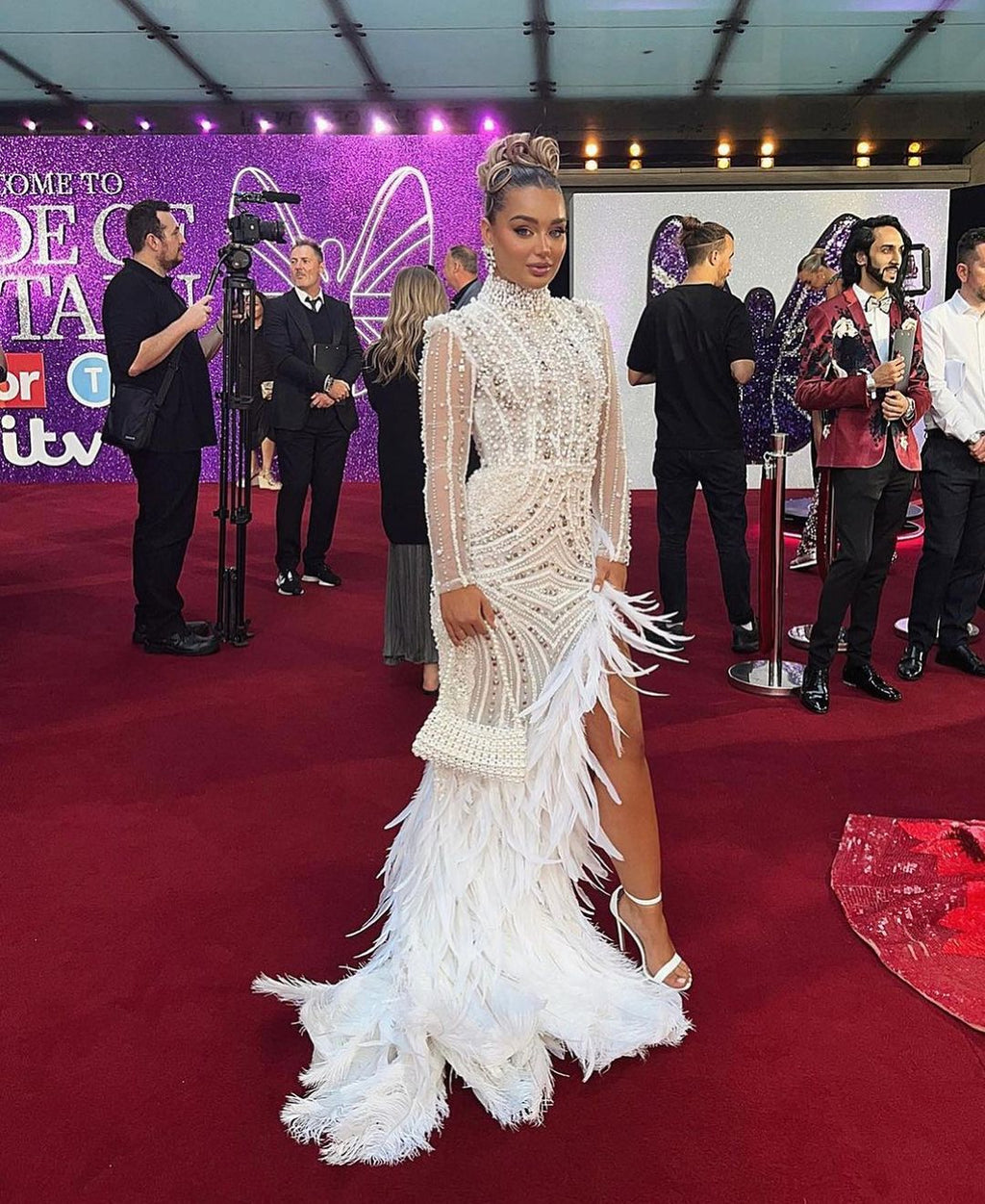 LUCINDA STRAFFORD-PEARL EMBROIDERED FEATHERED GOWN WITH SIDE SLIT