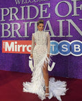 LUCINDA STRAFFORD-PEARL EMBROIDERED FEATHERED GOWN WITH SIDE SLIT
