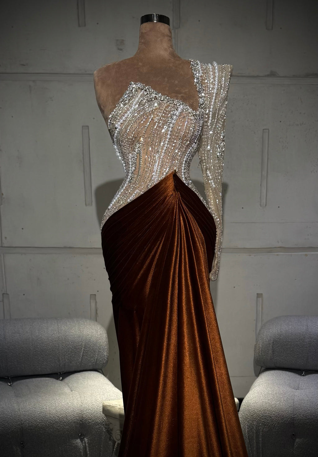 Ameera - Copper One Shoulder Gown with Crystal Corset