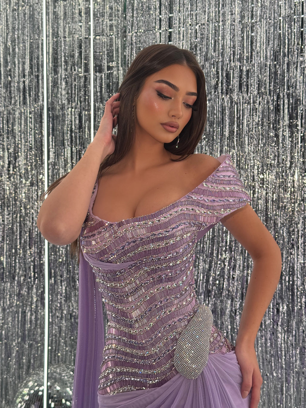 Elara – Lavender Draped Crystal Gown