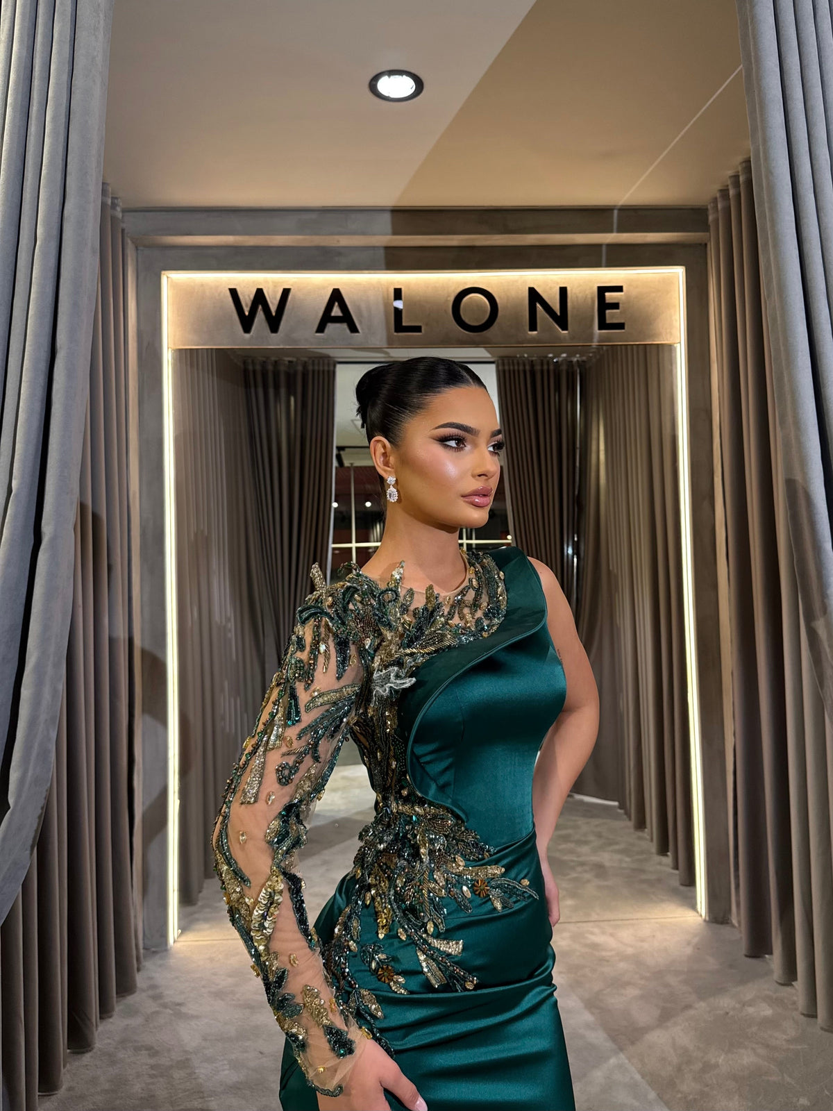 Emerald Asymmetrical Leaf Appliqué Gown
