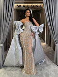 Strapless Beaded Gown with Detachable Bow Sleeves