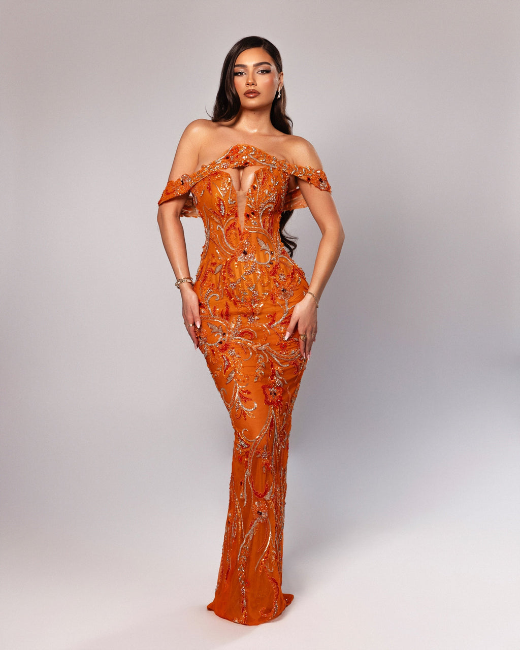 Floral Beaded Off Shoulder Gown