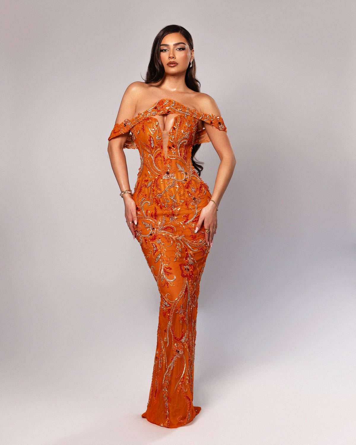 Floral Beaded Off Shoulder Gown