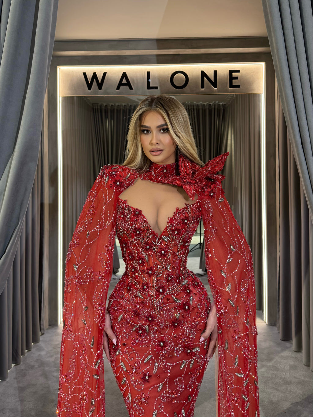 Crimson Rose Extra Long Sleeves Gown