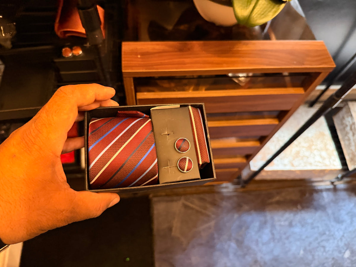 Burgundy Striped Tie & Cufflinks Gift Set | Luxury Menswear | Vellure Couture