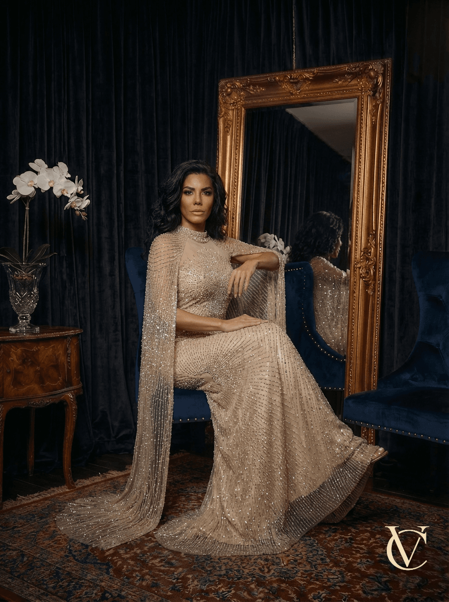 Crystal Cape Gold Evening Dress