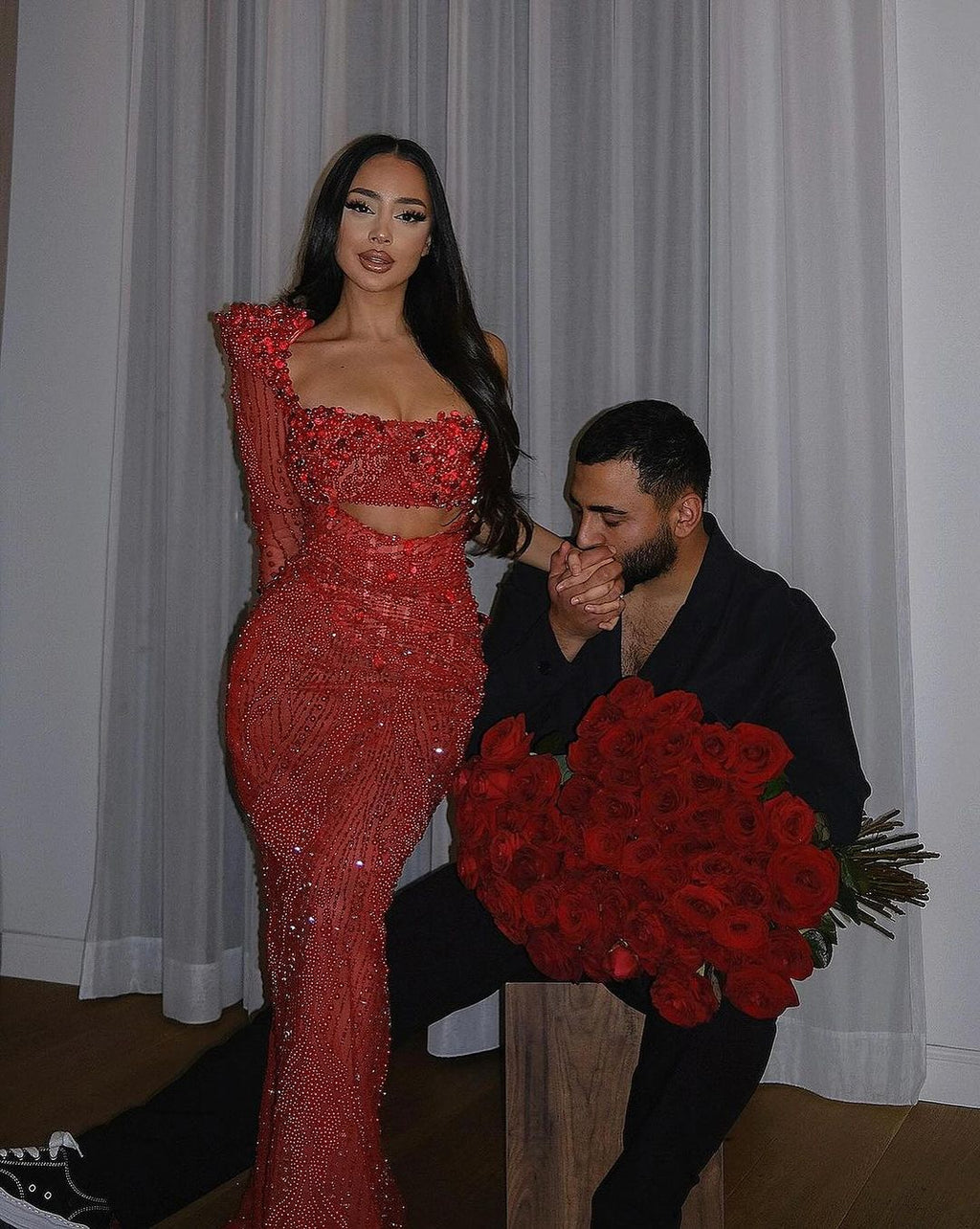 Dilara-ONE SHOULDER RED EMBELLISHED DRESS