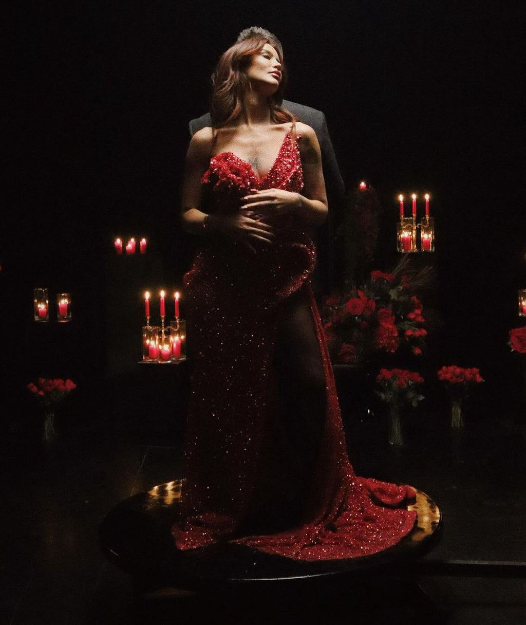 Dafina Zeqiri-RED SHIMMERING DRESS WITH SIDE SLIT