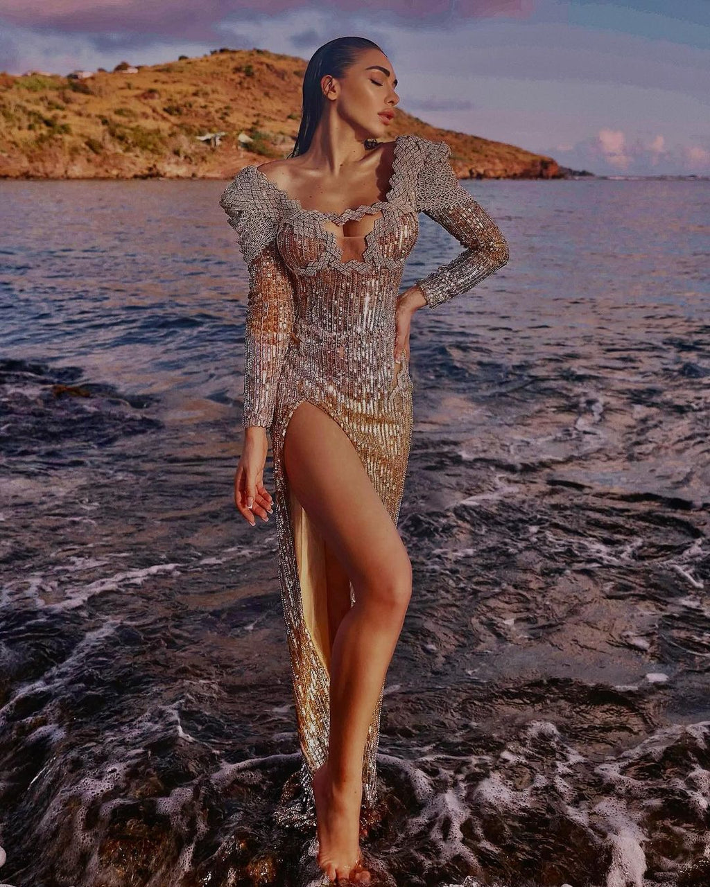 Elisa De Panicis-GOLD & SILVER SEQUIN DRESS WITH SIDE SLIT