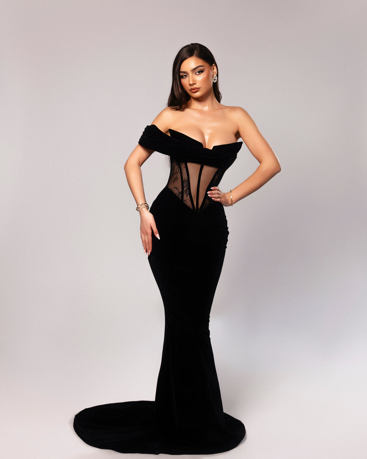 Black Velvet Gown with Sheer Lace Detailing