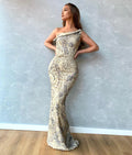 One Shoulder Beige Adorned Dress