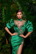 Emerald Green Dress with Puff Sleeves
