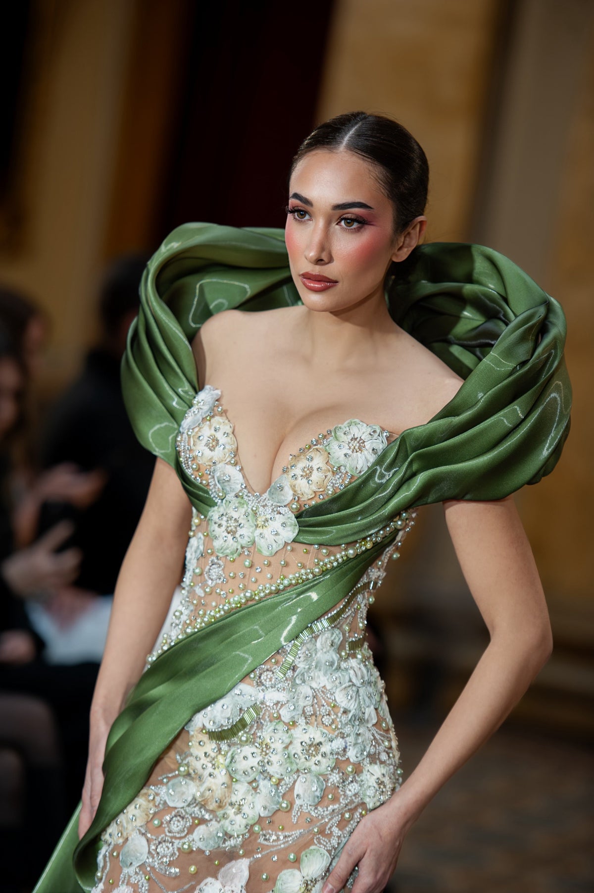 Riela - Draped Floral Gown with Pearl Embroidery
