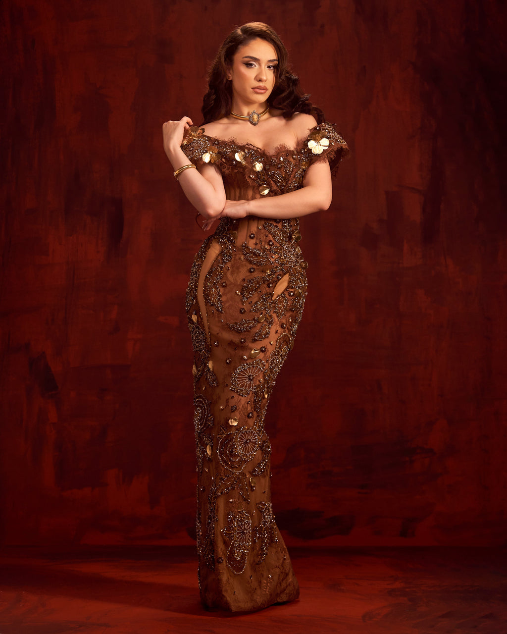 Lurette - Bronze Embellished Off Shoulder Gown