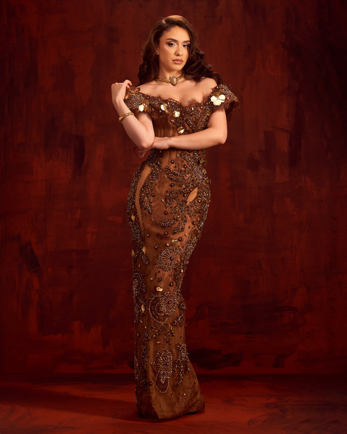 Lurette - Bronze Embellished Off Shoulder Gown