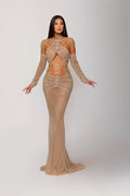 Two-Piece Crystal Mesh Nude Dress with Rhinestones Trim