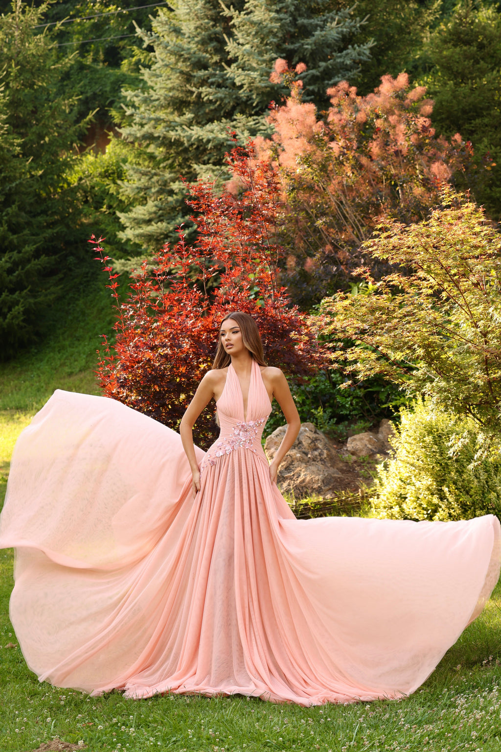 Meliora – Peach Halter Gown with Floral Embellishment