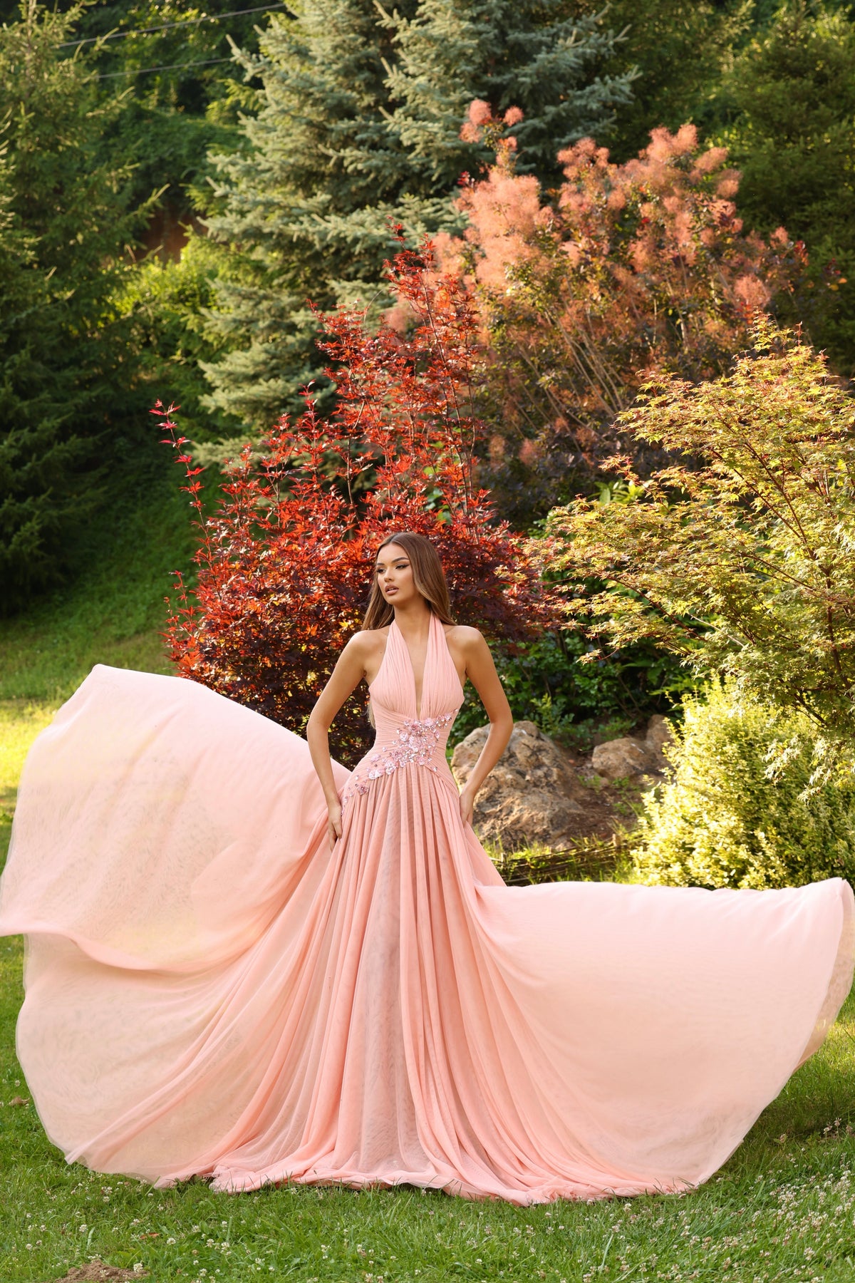 Meliora – Peach Halter Gown with Floral Embellishment