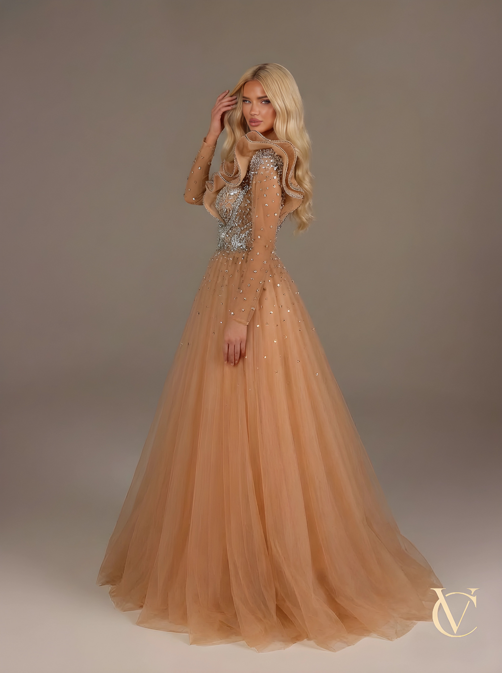 Amber Embellished Tulle Evening Gown