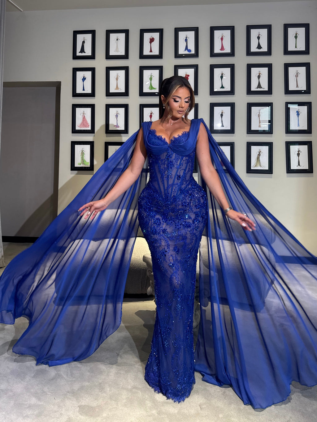 Long Royal Blue Gown with Beaded Embellishments & Draped Chiffon Sleeves