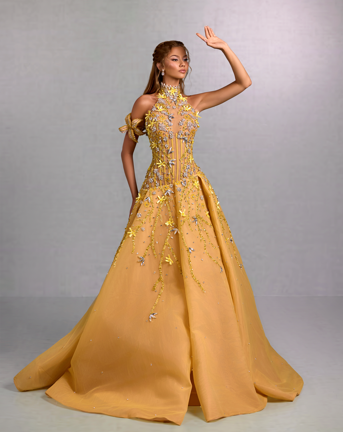 High Neck Yellow Gown with Floral Crystal Vines