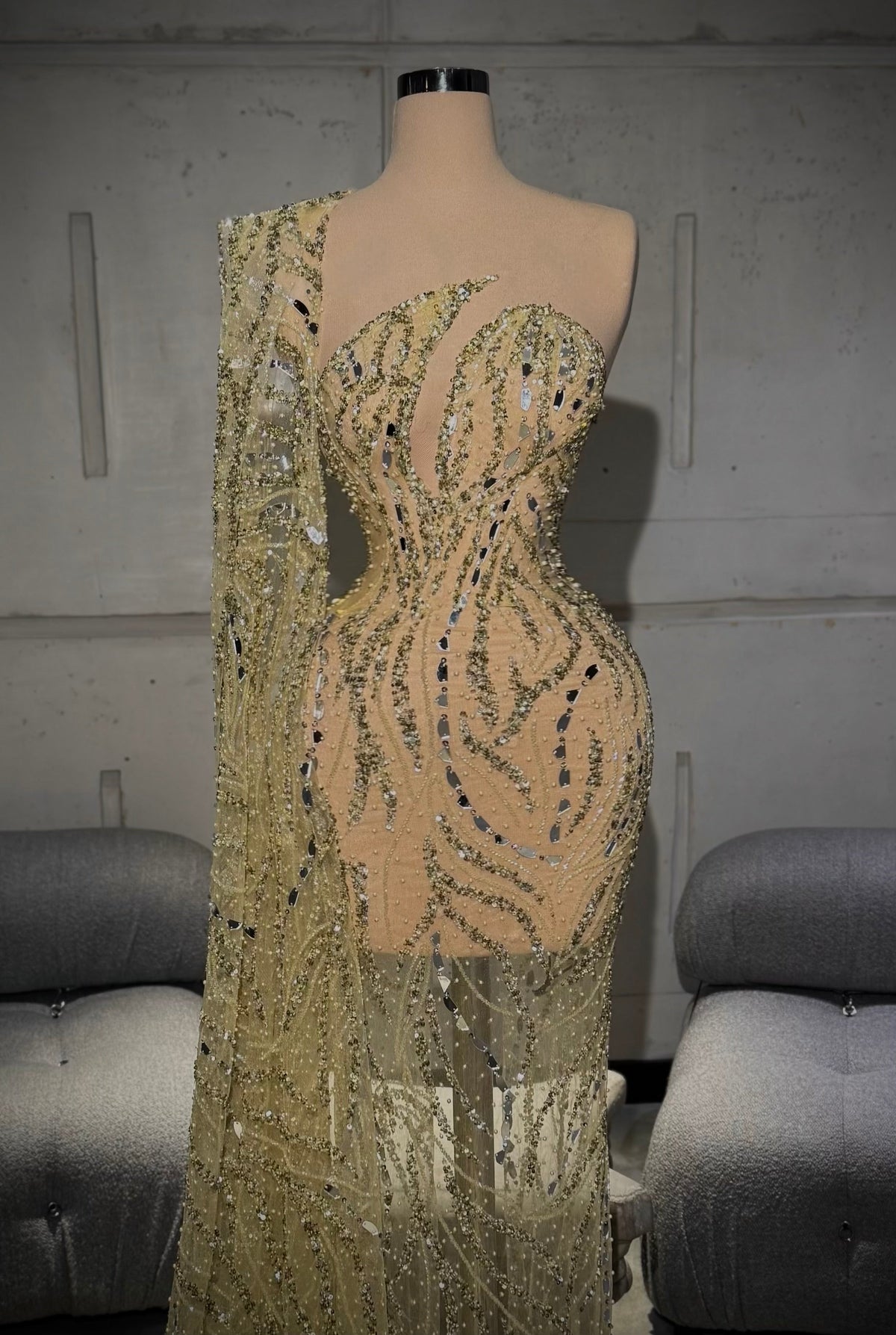 Solenne – Gold Mirror Cape Sleeve Gown