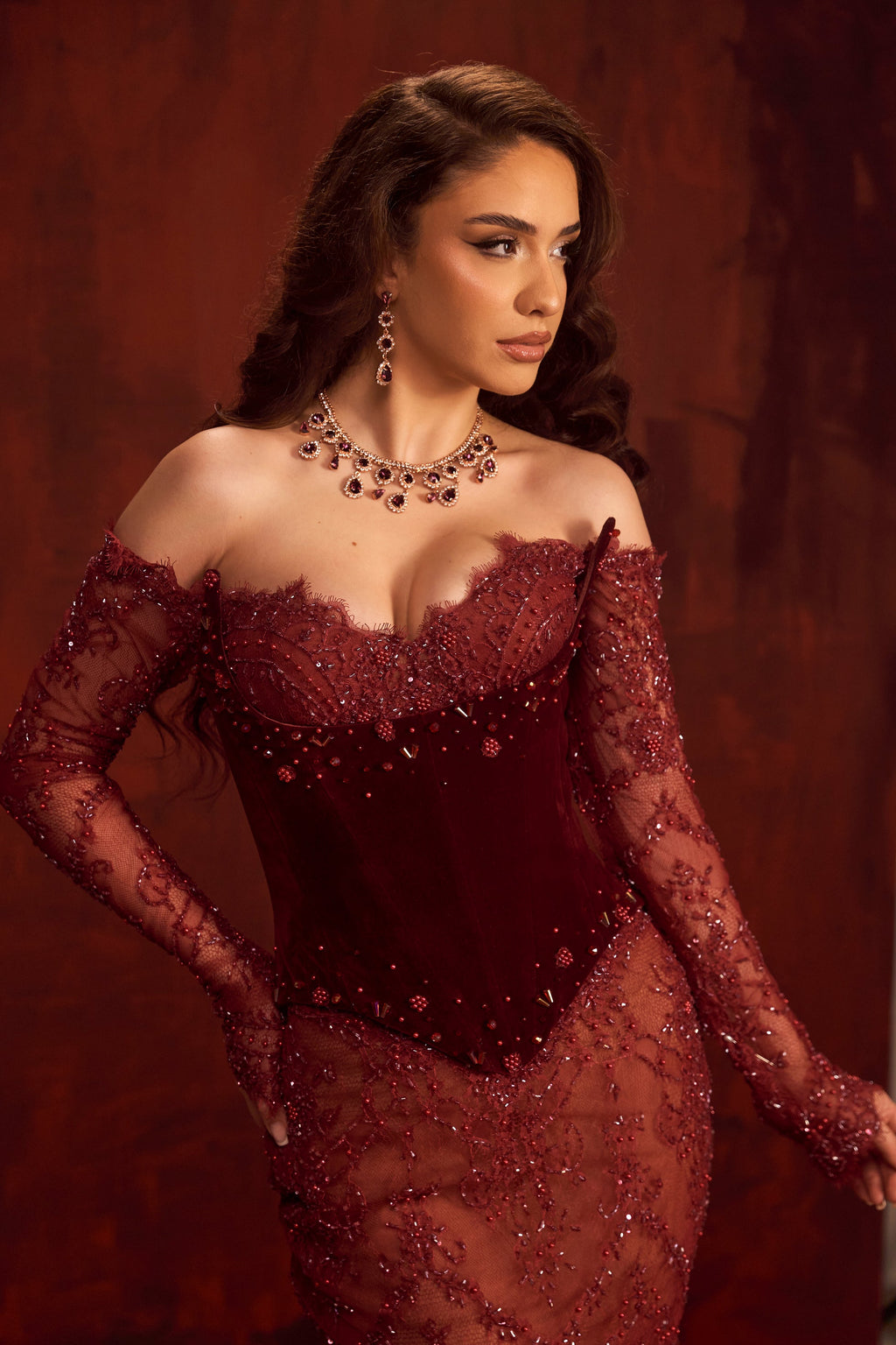 Auralyn - Burgundy Lace Embellished Gown