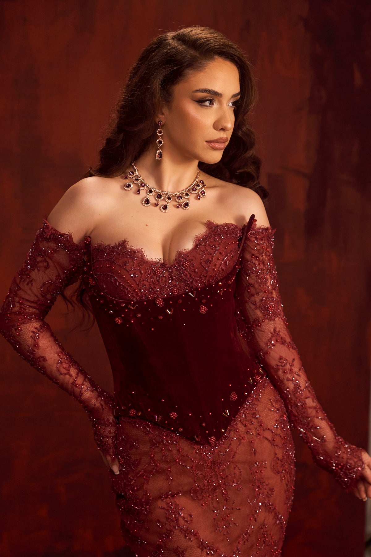Auralyn - Burgundy Lace Embellished Gown