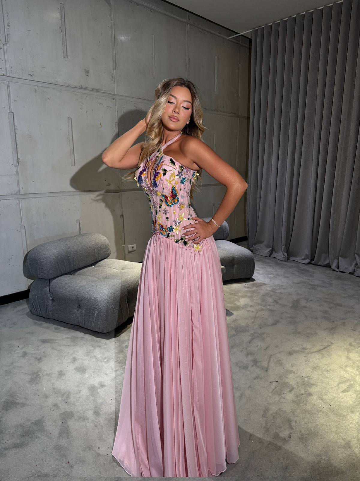 Mariposa - Pink Butterfly Embellished Halter Gown