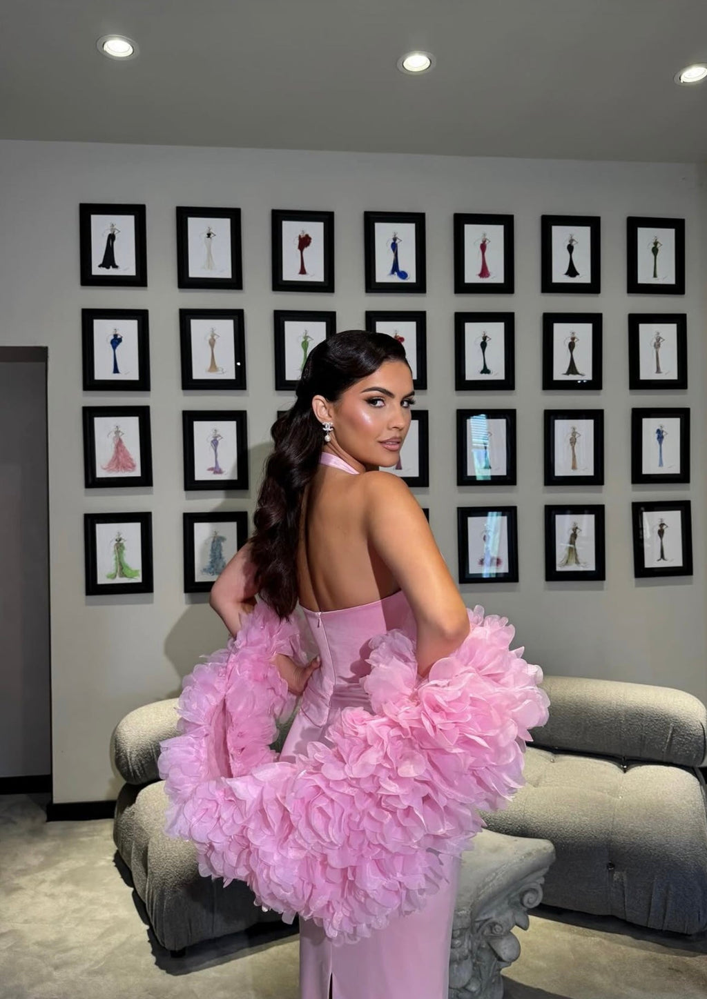 Melina – Pink Halter Dress with Floral cape