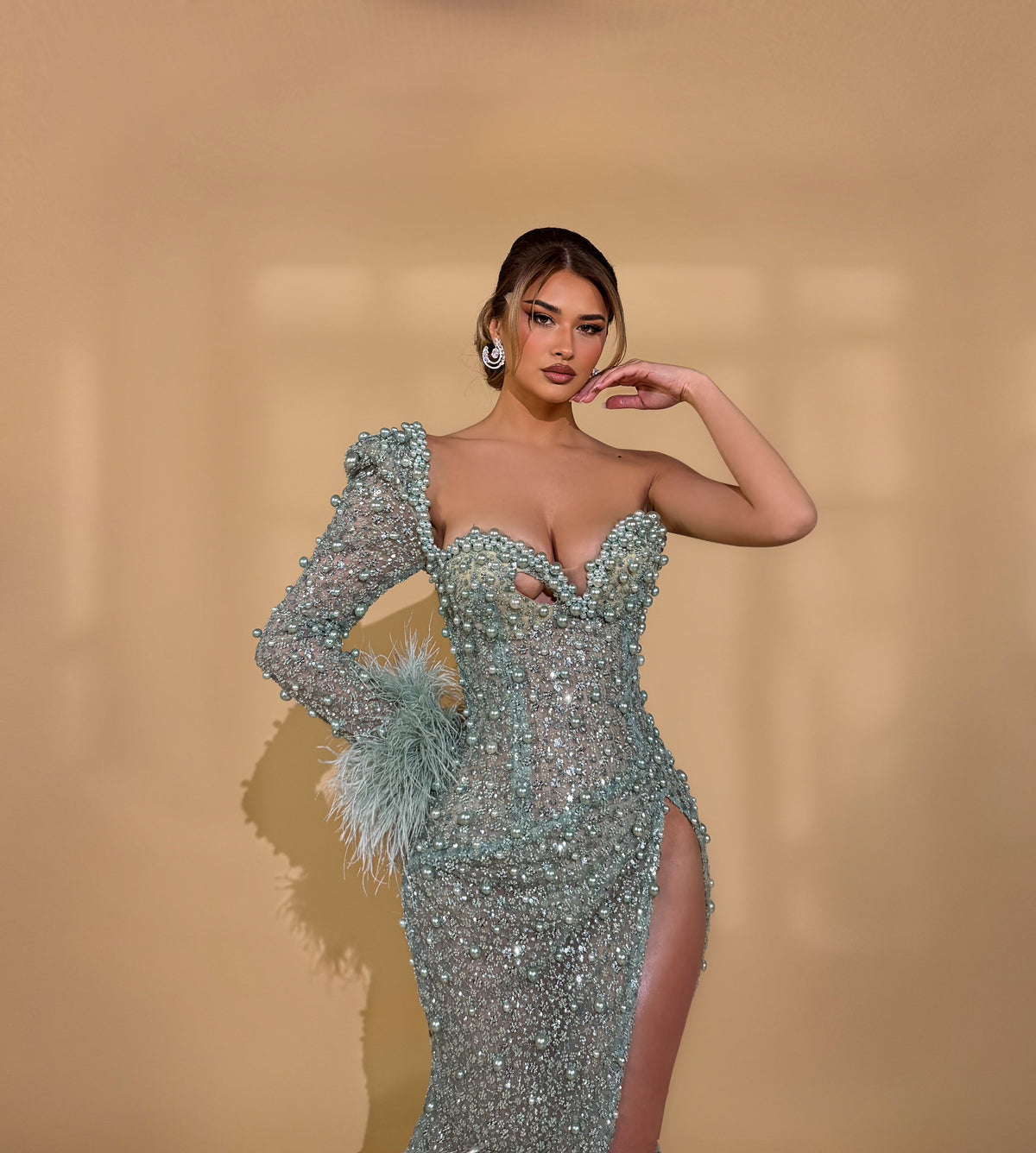 Mint Siren Couture Gown with Feather Sleeve