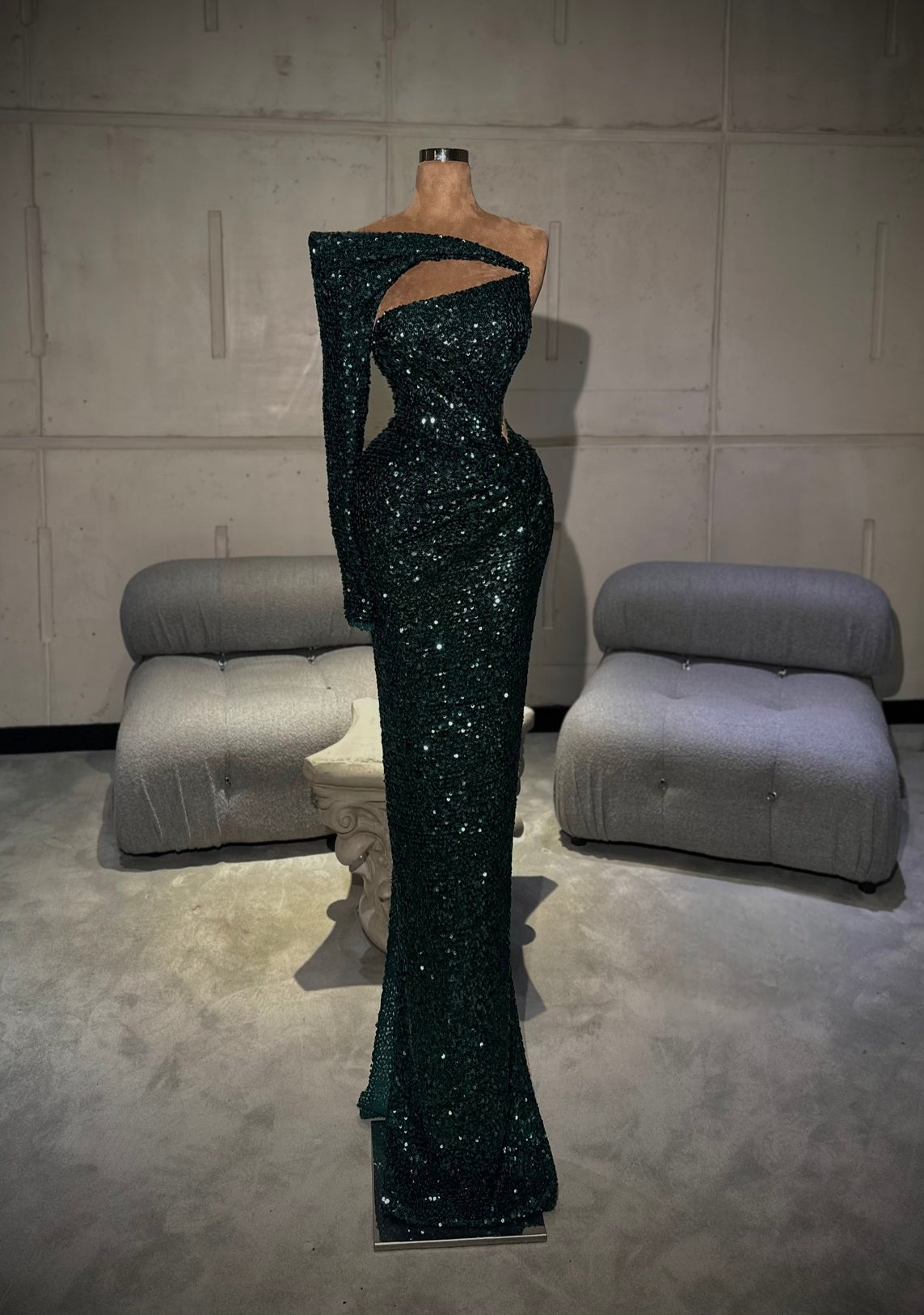 Nymera – Deep Green Asymmetric Sequin Gown