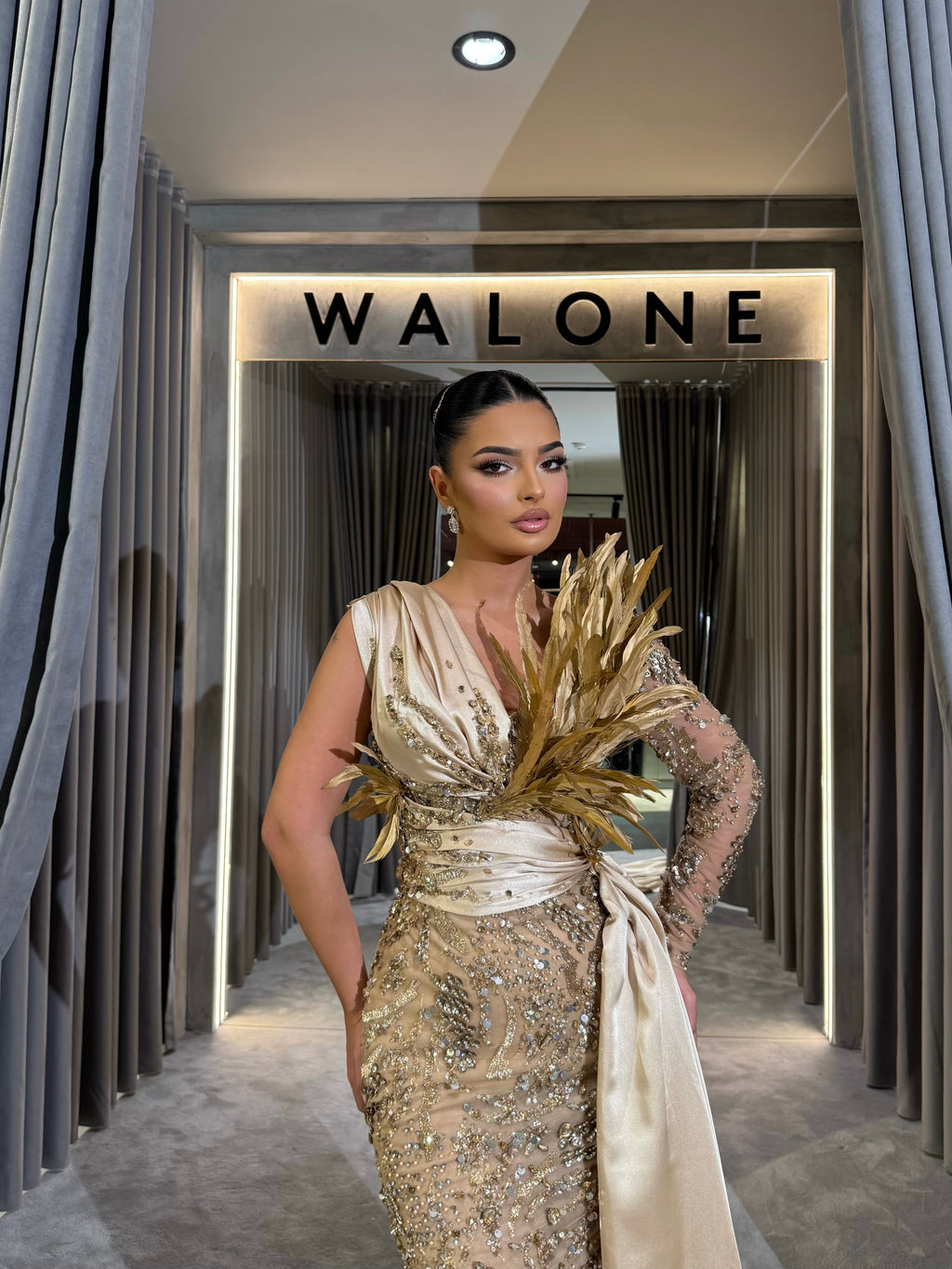 Golden Drape Feather Gown