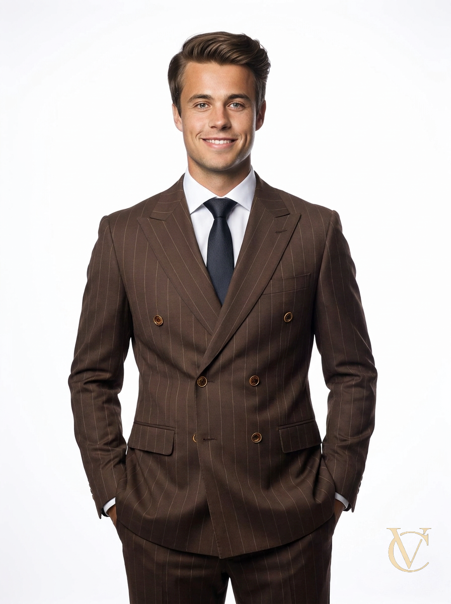 Young man wearing a brown pinstripe tailored 2-Piece Suit | Vellure Couture with double-breasted jacket, white shirt, and black tie, showcasing luxury menswear and elegant evening wear style.