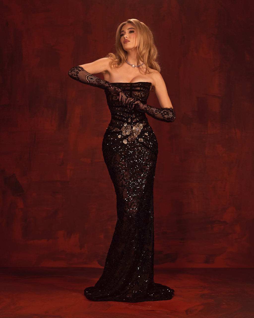 Mirelda - Black Beaded Strapless Gown