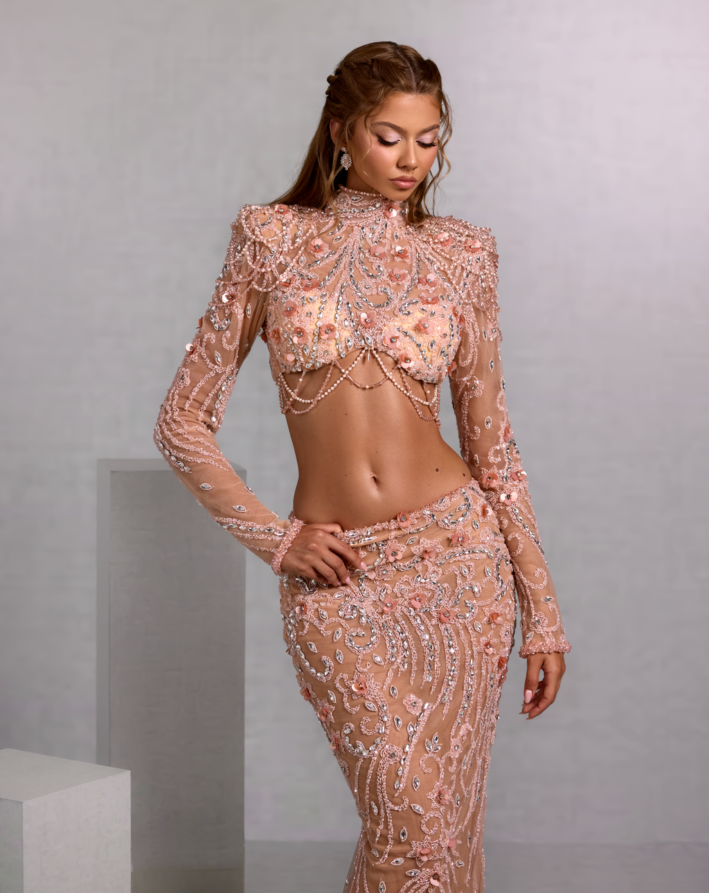 Embellished Peach Two Piece Set with Chain Accents
