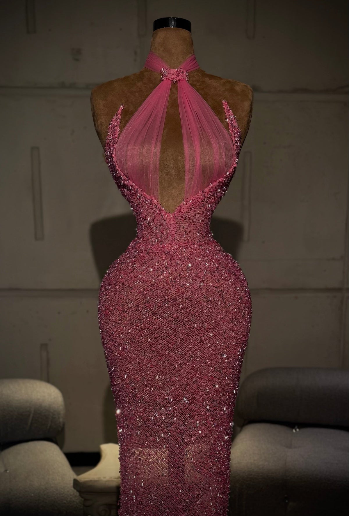 Laya - Pink Halter Crystal Gown