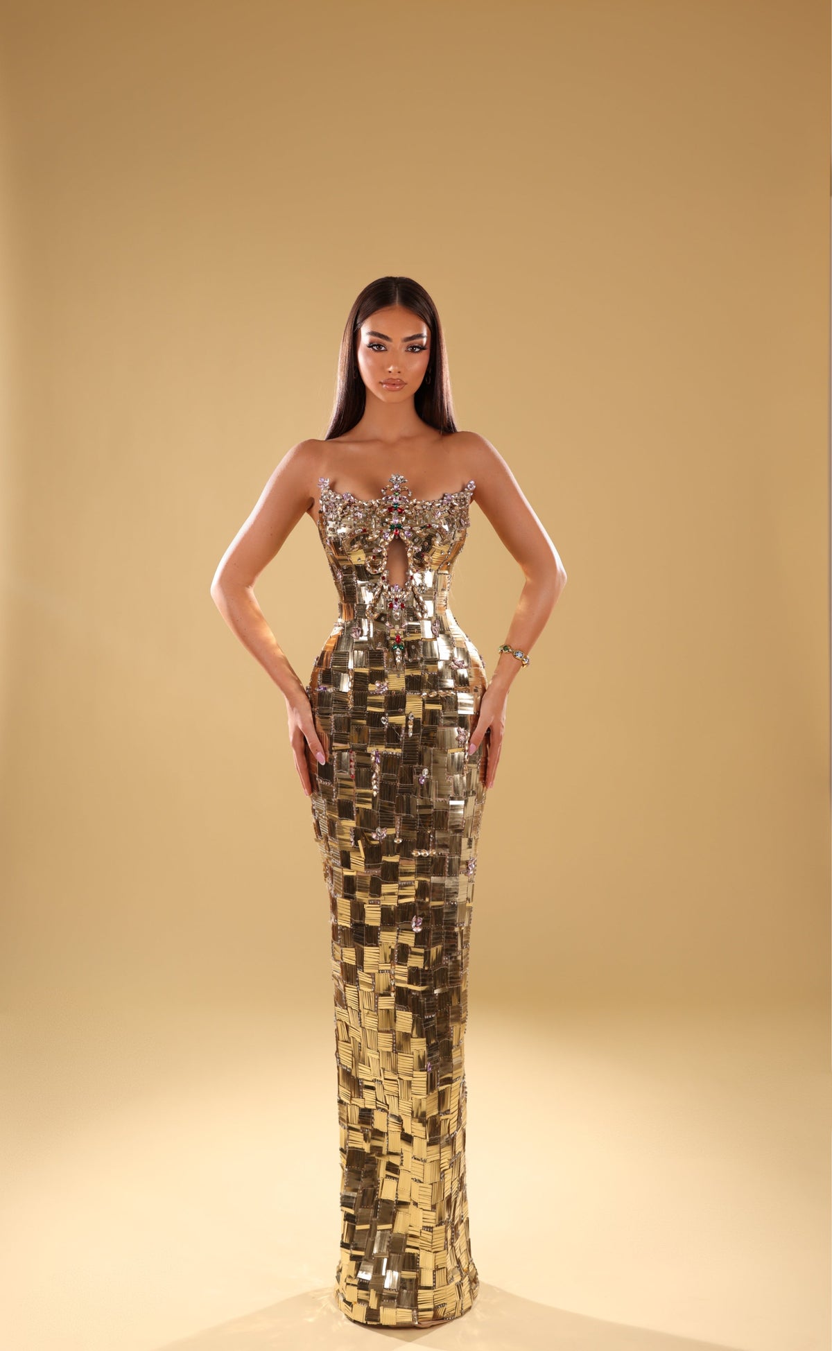 Mesila - Gold Mirror Embellished Gown