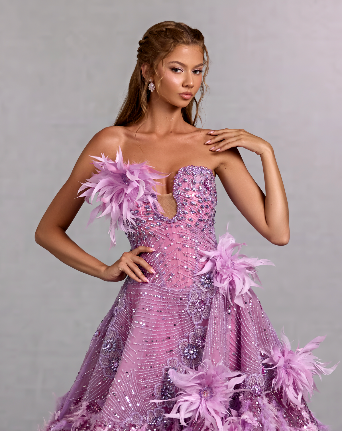 Lavender Feather Gown with 3D Floral Beading