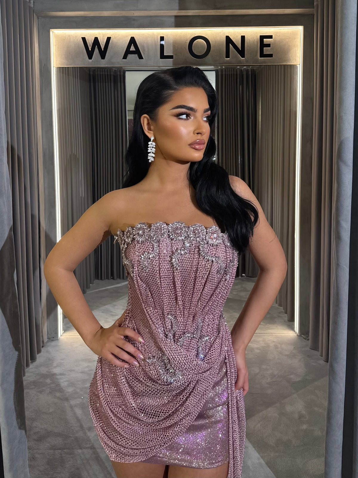 Short dress with rose crystal corset and asymmetric draped skirt