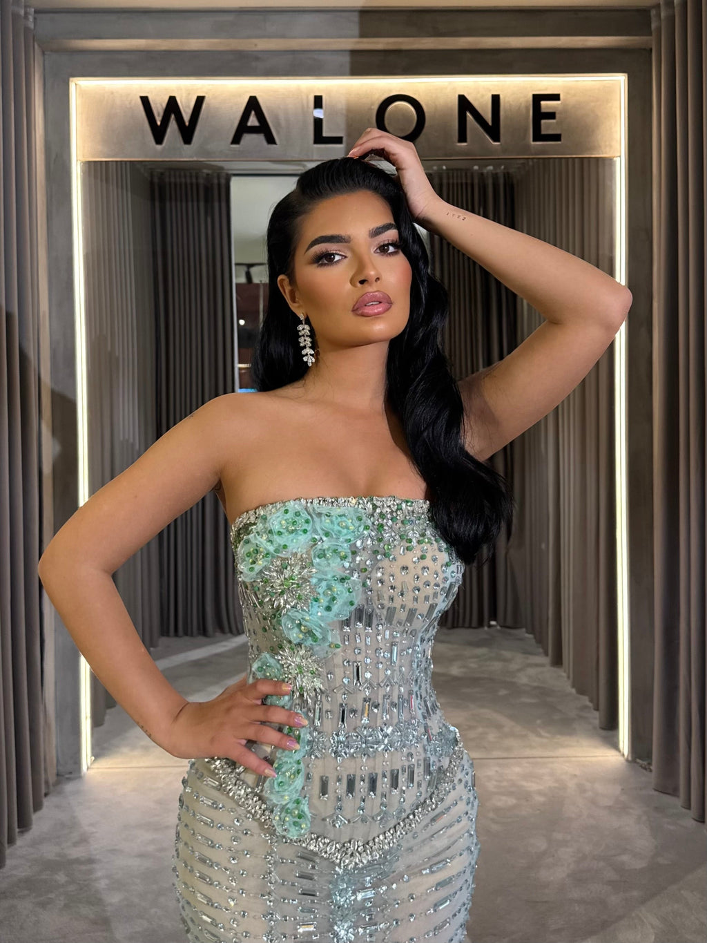 Crystal Mint Embellished Strapless Gown
