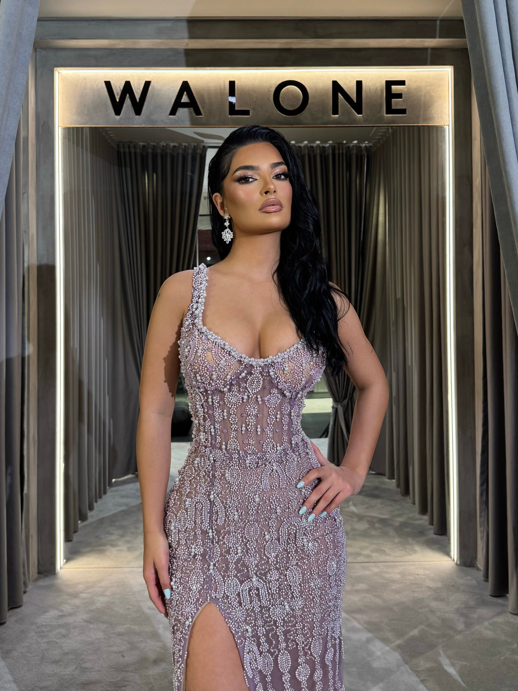 Lilac Beaded Slit Gown with Overskirt