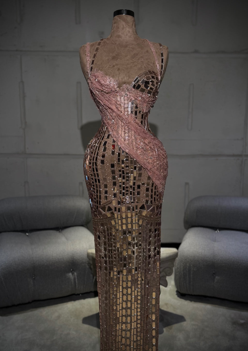 Lianna - Mirror Mosaic Corset Gown with Rosé Lace Draping