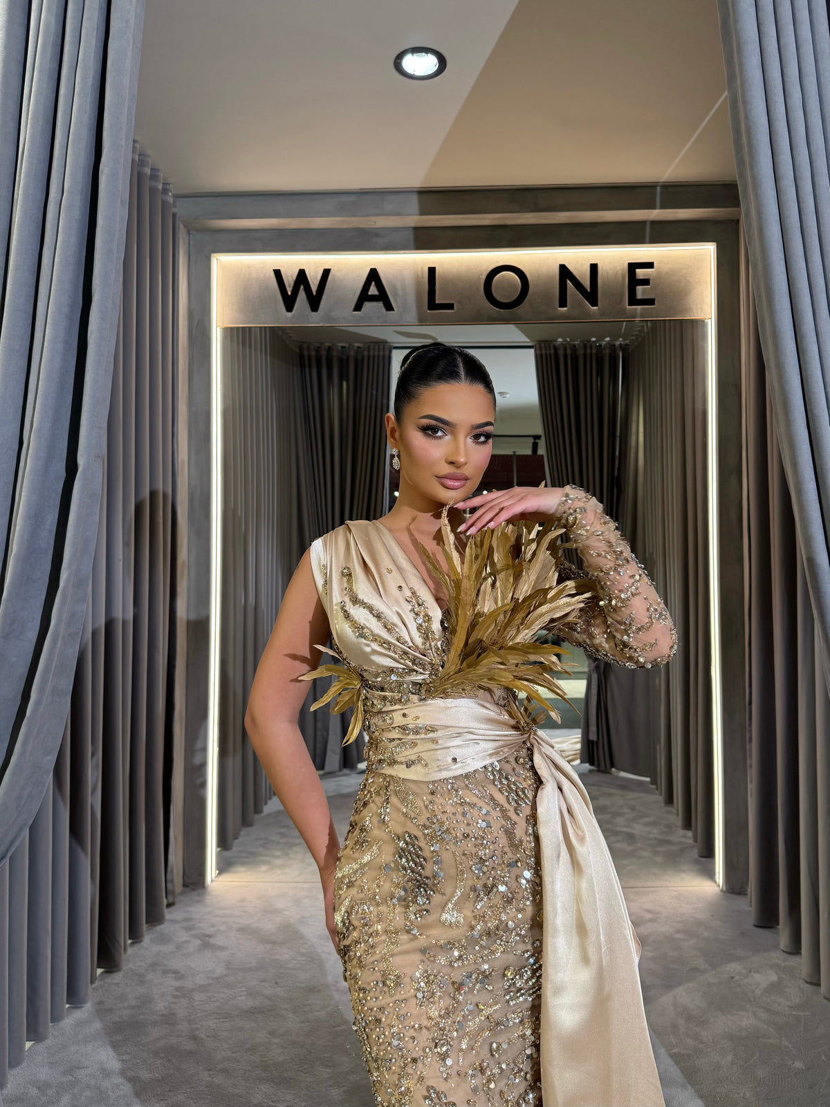 Golden Drape Feather Gown