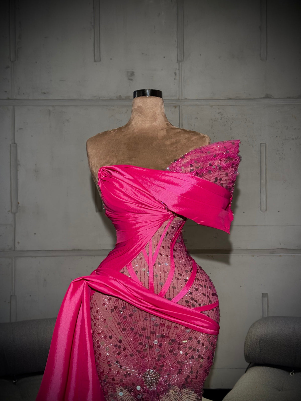 Manná- Fuchsia Draped Sequin Gown